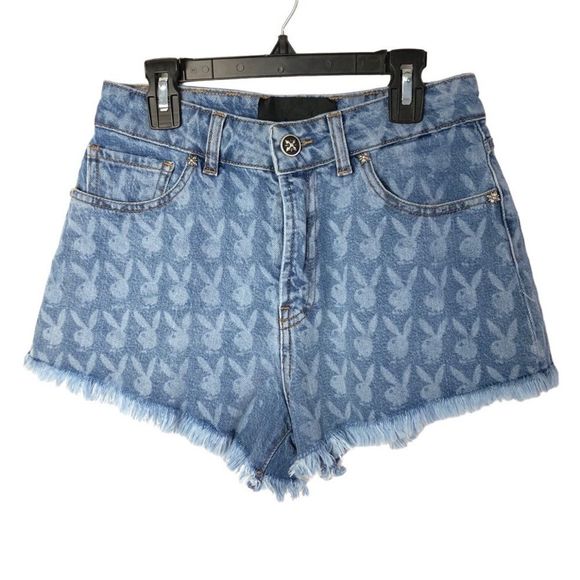 John Richmond Pants - John Richmond x Playboy | Printed Fray High Rise Denim Shorts NWT